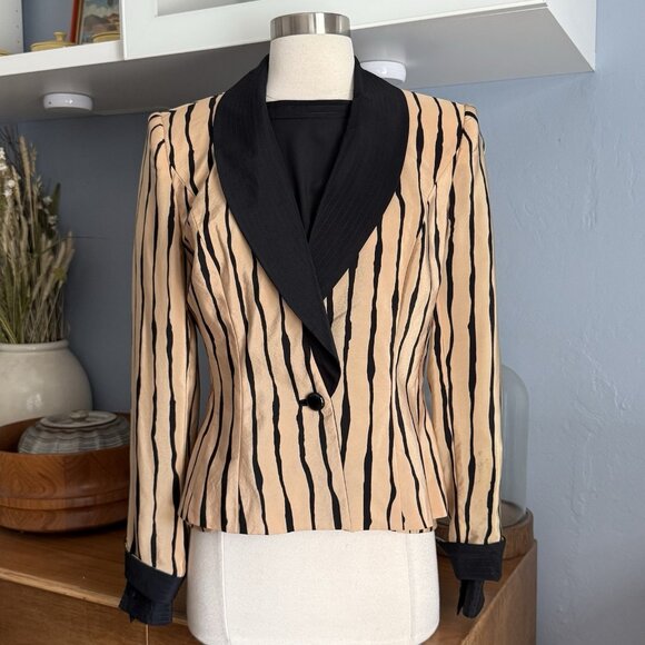 Vtg 80s DAVID HAYES 3pc Silk Blouse Blazer & Pleated Skirt Suit Striped - Picture 5 of 12